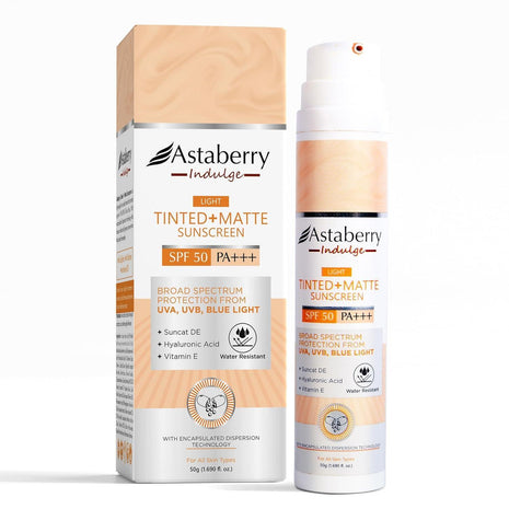 Astaberry Indulge Tinted Matte Sunscreen SPF 50 PA+++ | Broad Spectrum Protection from UVA/B & Blue Light | Suncat DE & No White Cast |Provides a Light Tint - 50g (Medium)