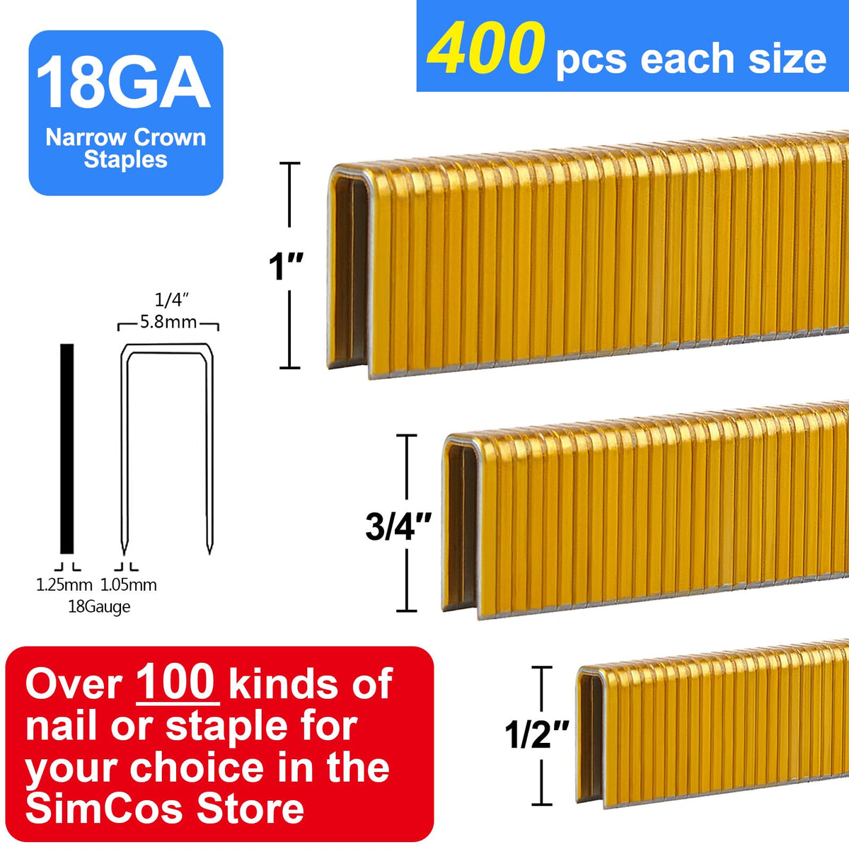 SimCos 18 Gauge 1/4" Narrow Crown Staples (1", 3/4", 1/2"), Assorted 1200 Counts for 18 GA Pneumatic or Electric Stapler or Staple Gun,Project Pack (Galvanized Steel)