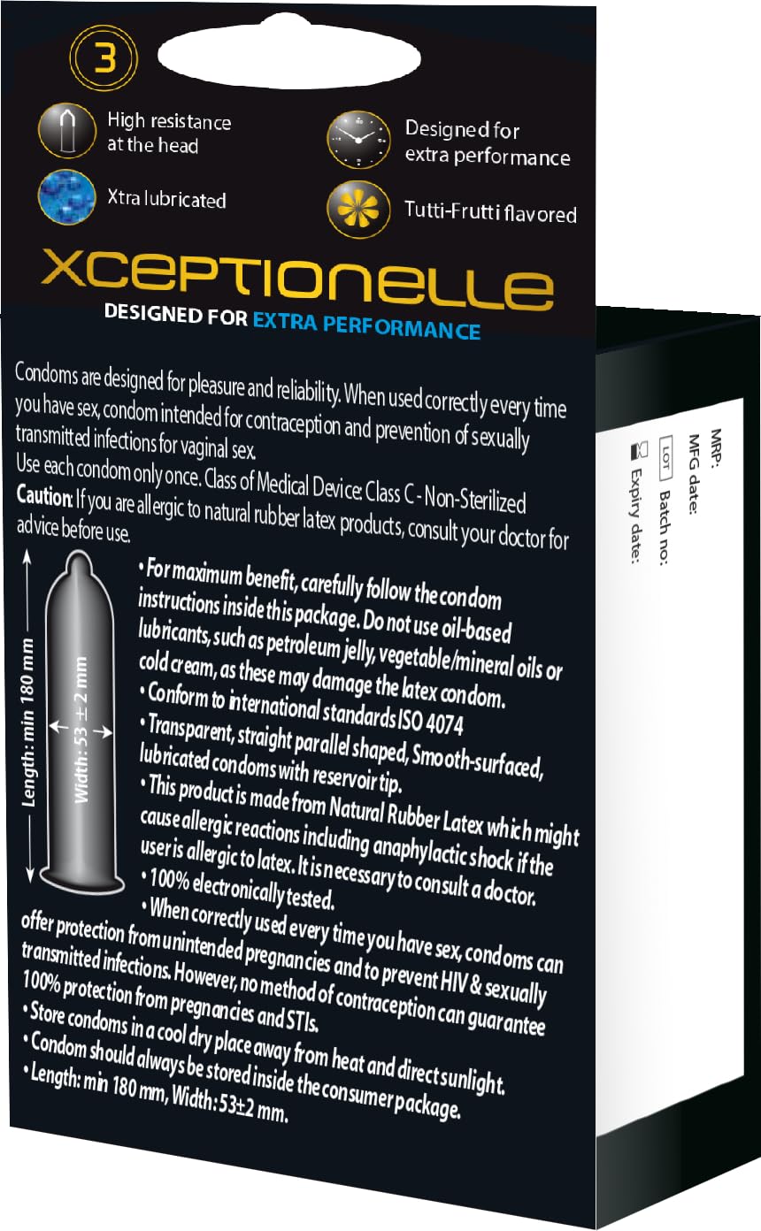 Love Light Xceptionelle condom 3 pcs pack - Designed for Extra performance - Natural Rubber Latex - Extra Lubricated with Reservoir Tip- Reinforced Head - Tutti Frutti Flavor- Smooth Surfaced - International quality ISO 4074