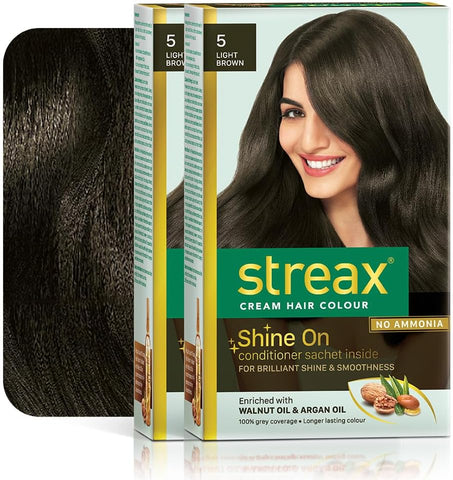 Streax Permanent Hair Colour, 100% Grey coverage, Infused with Argan and Walnut Oil, Long Lasting Cream Hair Colour for Women, Brown Hair Colour, 5 Light Brown, 120 ml, Pack of 2