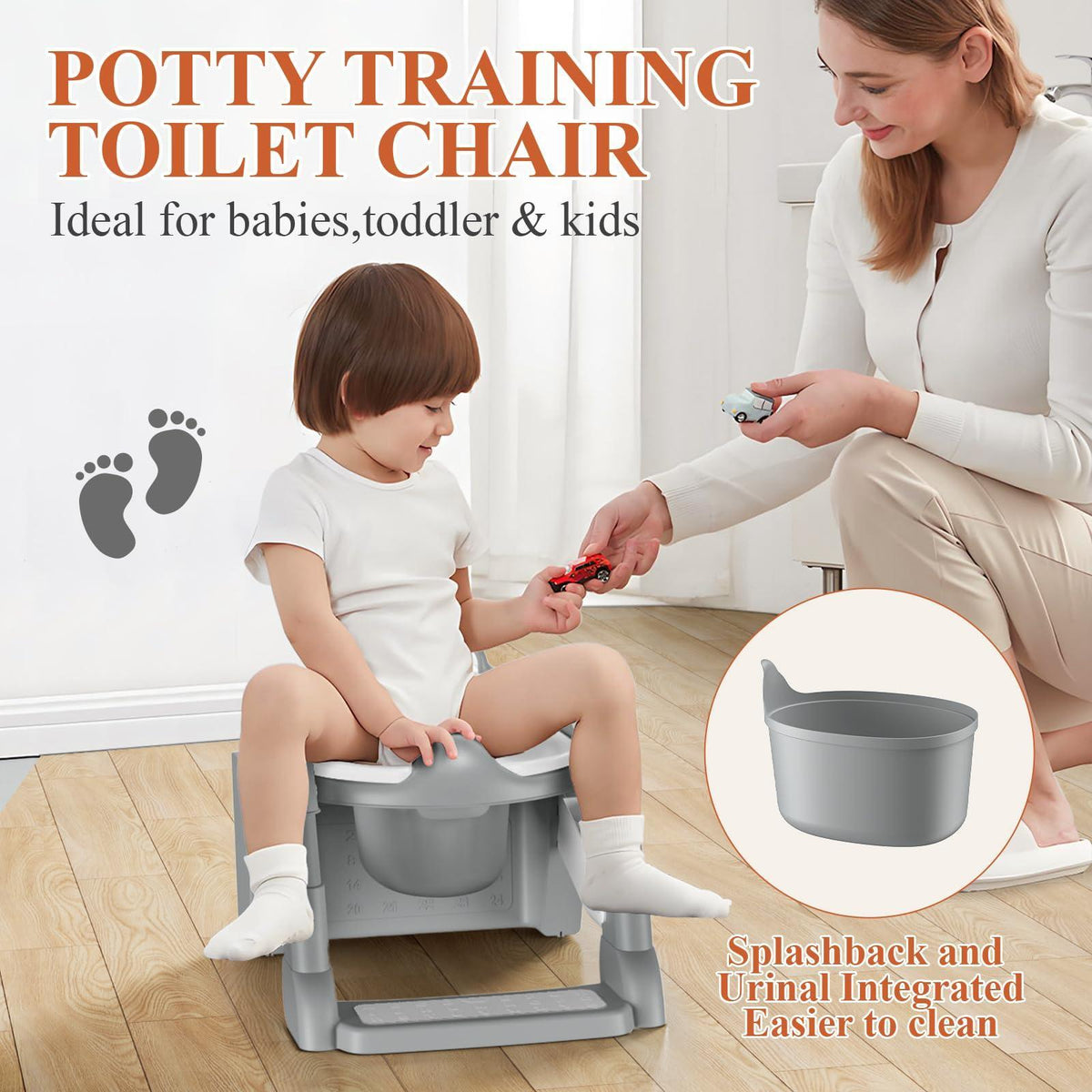 TuckInn Potty Training Seat, Toddler Toilet Seat for Little Boys Girls, Potty Training Toilet with Urinals, Toddler Step Stool Ladder and Splash Guard (Gray)
