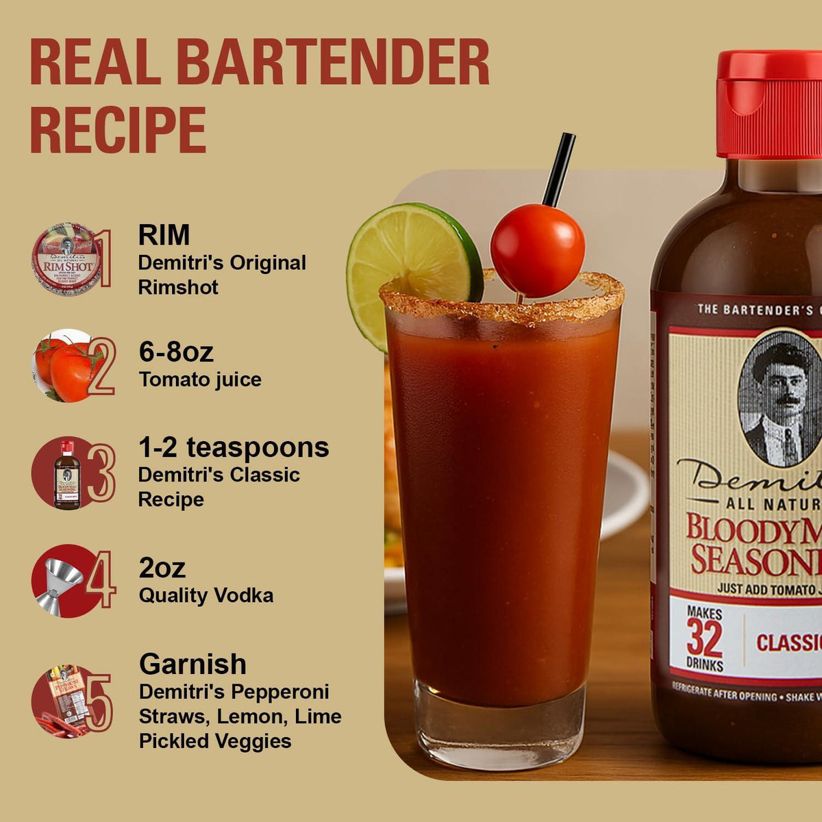 Demitri's Bloody Mary Seasoning Classic Recipe - Bloody Mary Mix - Concentrated Drink Mixer - Bold Rich Flavor - Perfect for Home Brunch Parties & Cocktails - 8oz Bottle (Pack of 1)