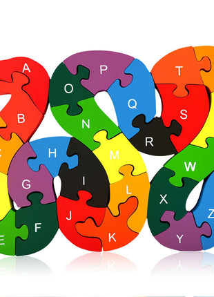 LovesTown Wooden Double Sided Snake Puzzle | Alphabet & Numbers, Montessori Educational, Chunky Animal Design, For Toddlers, Great Learning Gift