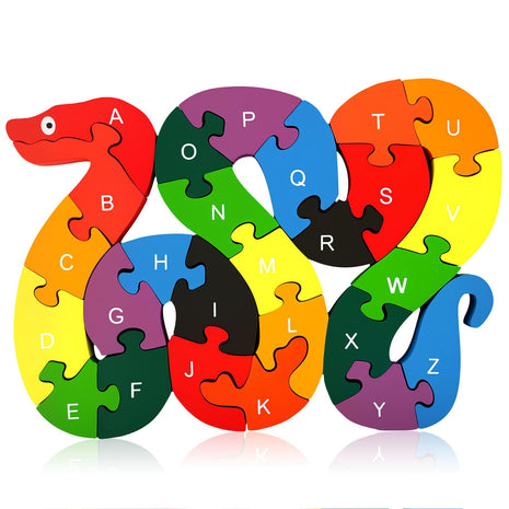 LovesTown Wooden Double Sided Snake Puzzle | Alphabet & Numbers, Montessori Educational, Chunky Animal Design, For Toddlers, Great Learning Gift