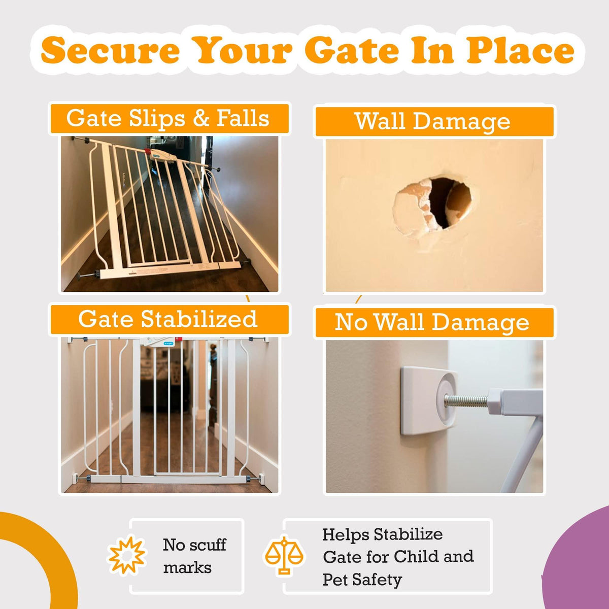 Wall Nanny - Baby Gate Wall Protector (Made in USA) Protect Walls from Pet Gates & Dog Gates - No Safety Hazard on Spindles - for Child Pressure Mounted Baby Gate for Stairs Cup Guard - White, 4 Pack
