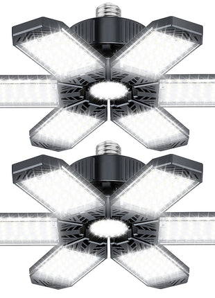 XINGHUANLIT Garage Light 2 Pack - 200W 20000LM Garage Lights Ceiling LED 6500K with 6 Deformable Panels, Screw in E26/E27 Bulb Socket LED Shop Lights for Workshop Barn Basement Gym Bay Lighting