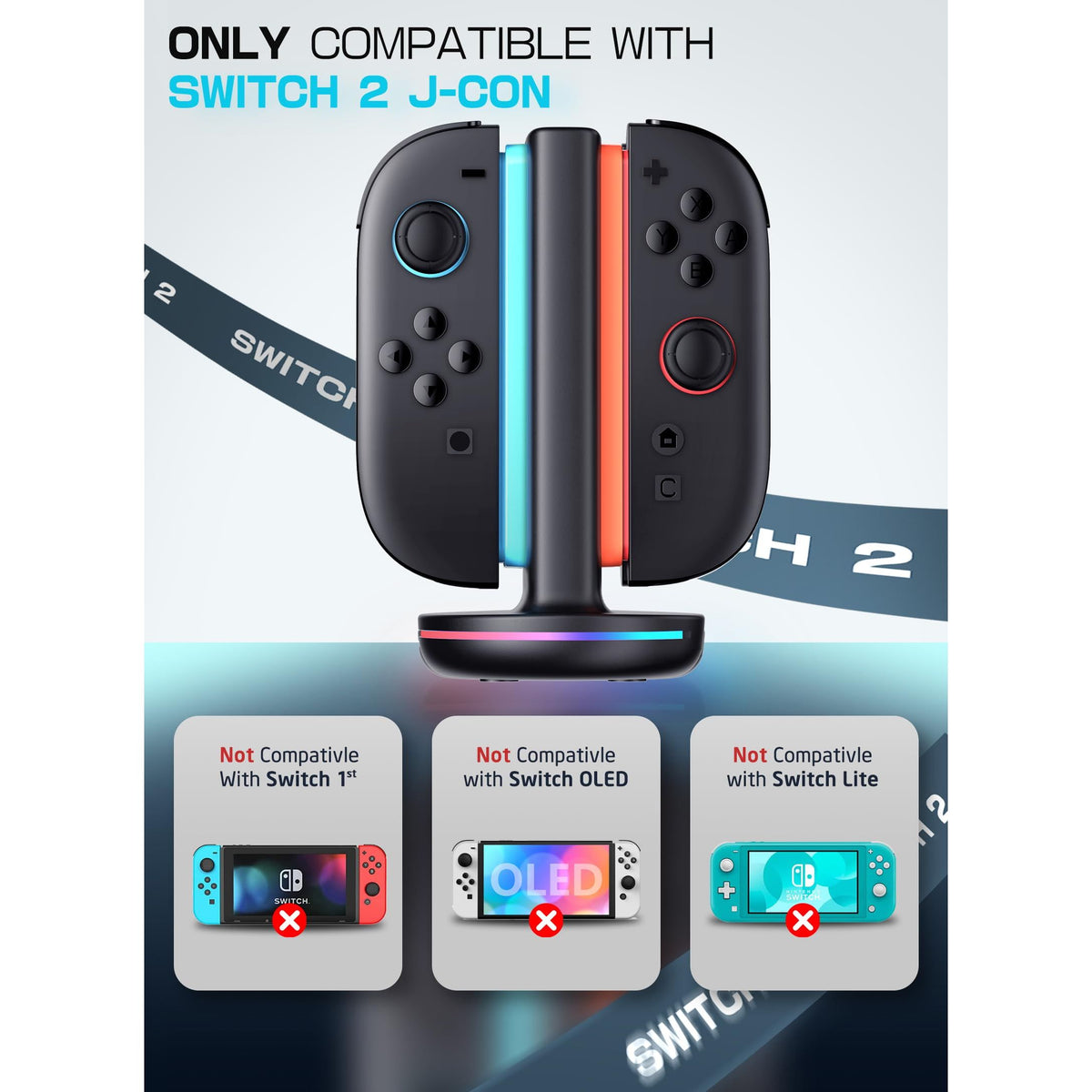 SUPCASE Charging Dock for Nintendo Switch 2 Joy Con, [Supports Dual-Side Charging] [9 Light Modes] Magnetic Controller Fast Charger Stand Station Compatible with Switch 2 Joy Con Accessories, Black