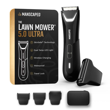 MANSCAPED® The Lawn Mower® 5.0 Ultra Groin & Body Hair Trimmer – Dual-Head SkinSafe® Trimmer & Foil Blades, Waterproof Wet/Dry Groomer, USB-C Rechargeable with Travel Case, Men's Ball Shaver, Black
