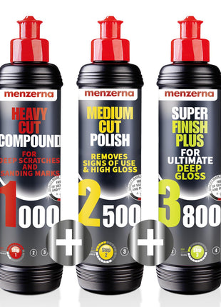 menzerna Polishing Set 8oz – HCC1000, MCC2500 & 3800 | 3-Step System for Scratch Removal, Swirl Elimination & Mirror-Like Finish