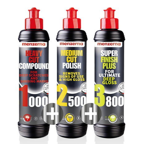 menzerna Polishing Set 8oz – HCC1000, MCC2500 & 3800 | 3-Step System for Scratch Removal, Swirl Elimination & Mirror-Like Finish