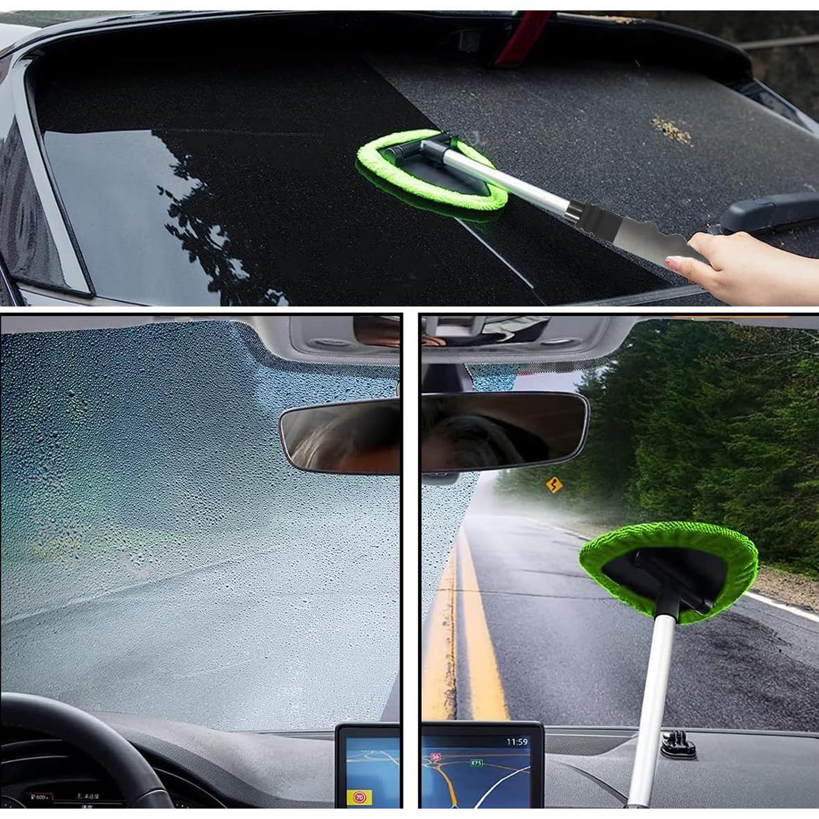 Windshield Cleaning Tool - Extendable Handle Car Window Cleaner with 4 Reusable Cloth Pads, Auto Glass Wiper Kit for Interior & Exterior, Ideal for Dirty Car Windows