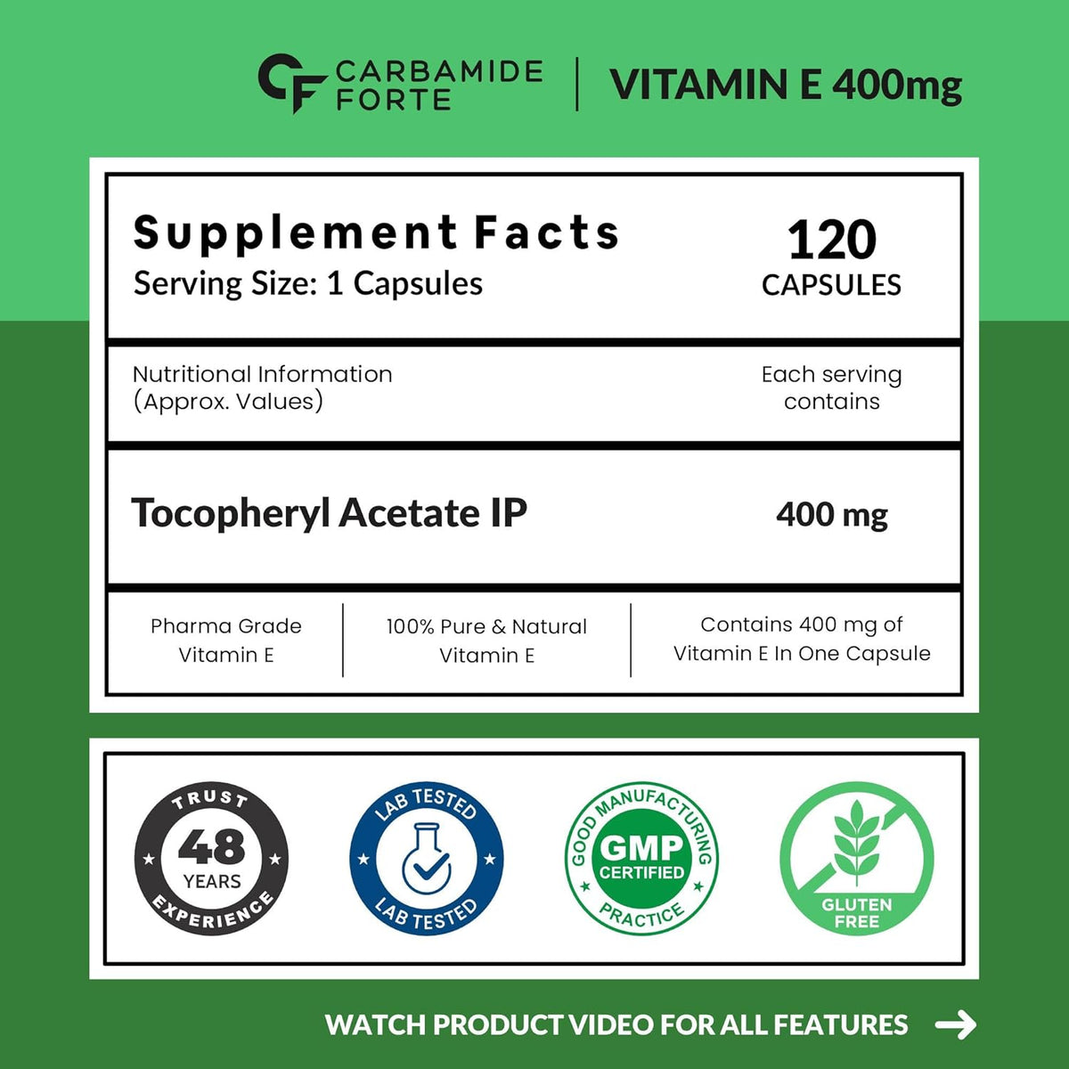 Carbamide Forte 400 mg Vitamin E Capsules for Face and Hair | 100% Natural Vitamin E Supplement with Vitamin E Oil | Paraben Free - 120 Capsules