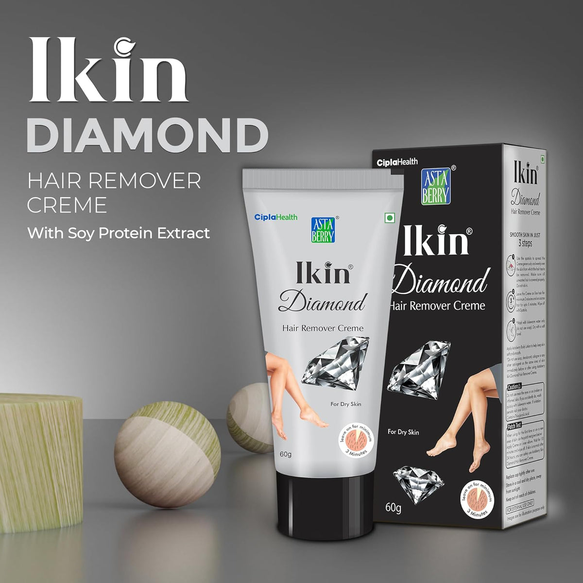 Ikin Diamond Hair Remover Cream For dry Skin - Bikini Hair Removal Cream For Women & Girls |Suitable for Legs, Underarms & Bikini Line (Pack of 2 (60g X 2))