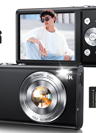 Digital Camera,Autofocus 4K Vlogging Camera for Photography with 32GB Card,48MP Portable Compact Point and Shoot Digital Camera for Teens Adult Beginner with 16X Zoom,Anti-Shake,2 Batteries(Black)