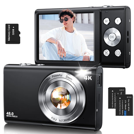 Digital Camera,Autofocus 4K Vlogging Camera for Photography with 32GB Card,48MP Portable Compact Point and Shoot Digital Camera for Teens Adult Beginner with 16X Zoom,Anti-Shake,2 Batteries(Black)