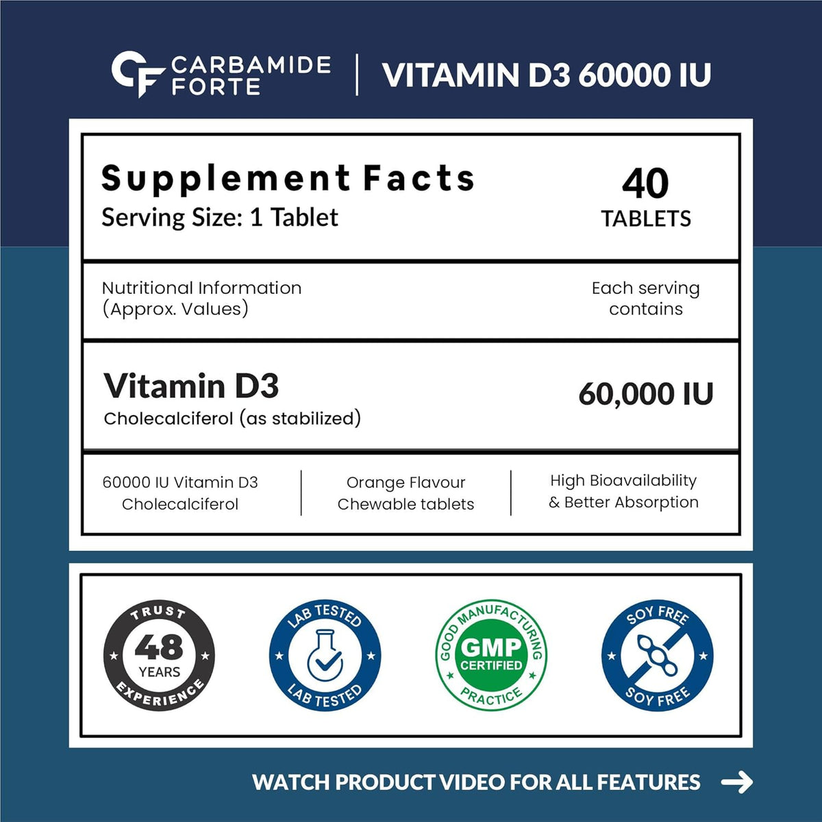 Carbamide Forte Vitamin D3 60000 IU Capsules | Vitamin D3 60k Supplement | Vitamin D 60000 iu Tablets | Cholecalciferol 60000 IU Vitamin D3 Supplement | vitamin d3 60000iu for men & women | Orange Flavour - 40 Tablets