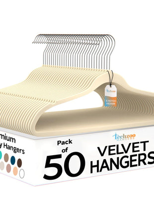 Techzoo 50 Pack New Premium Quality Velvet Hangers Ultra Thin Non Slip Adult Felt Space Saving Hangers for Closet Heavy Duty Coat Pants Jackets Dress Hangers 360° Swivel Hook Hold Upto 10 lbs Ivory