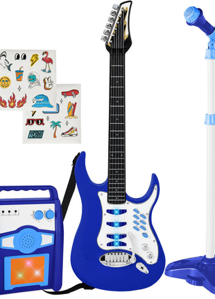 Best Choice Products Toy Kids Guitar Play Set Bundle, Pretend Play Toddler Electric Guitar Kit with Interactive Microphone, Amp, Whammy Bar, 6 Demo Songs and 2 Sticker Sheets - Blue