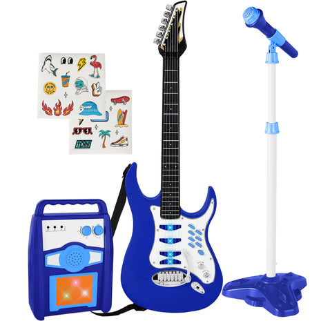 Best Choice Products Toy Kids Guitar Play Set Bundle, Pretend Play Toddler Electric Guitar Kit with Interactive Microphone, Amp, Whammy Bar, 6 Demo Songs and 2 Sticker Sheets - Blue
