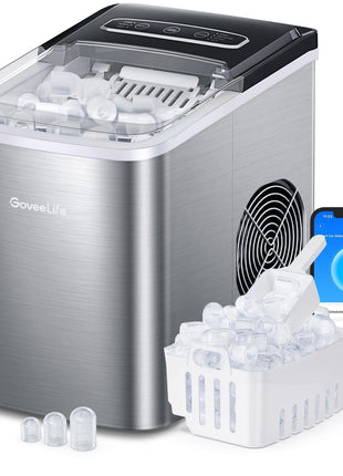 GoveeLife Smart Countertop Ice Makers, Portable Ice Maker Machine with Self-Cleaning, 6 Mins 9 Bullet Ice, 26lbs/24Hrs, Voice Remote for Home Kitchen Party Camping, with Ice Scoop Stainless Silver