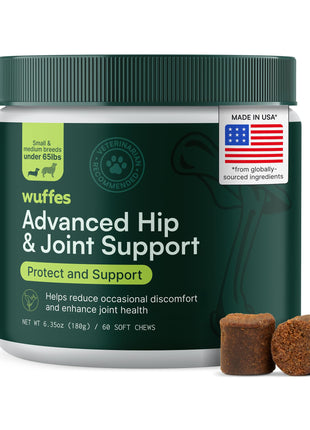 Wuffes Advanced Dog Hip and Joint Supplement with Glucosamine, Chondroitin, Omega 3, MSM, and Green Lipped Mussel, 60 Pork Flavored Chews for Small and Medium Dog Breeds