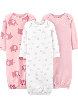 Simple Joys by Carter's Baby Girls' Cotton Sleeper Gown, Pack of 3, Light Pink Bunny/White Rainbow/Elephants, 0-3 Months