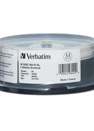 Verbatim M DISC BD-R DL 50GB 8X with Branded Surface Blank Blu-Ray Recordable Media – 25pk Spindle,White