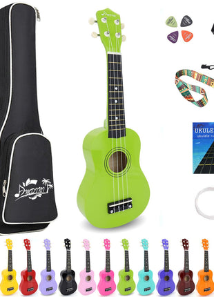 Soprano Ukulele for Kids 21 Inch Hawaiian Wood Ukelele Beginner Kit | Incl. Online Lesson Gig Bag Strap Nylon String Tuner Picks - Green Adult Starter Ukalalee Set Student Ukalelee Christmas Gift