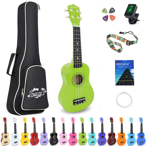 Soprano Ukulele for Kids 21 Inch Hawaiian Wood Ukelele Beginner Kit | Incl. Online Lesson Gig Bag Strap Nylon String Tuner Picks - Green Adult Starter Ukalalee Set Student Ukalelee Christmas Gift