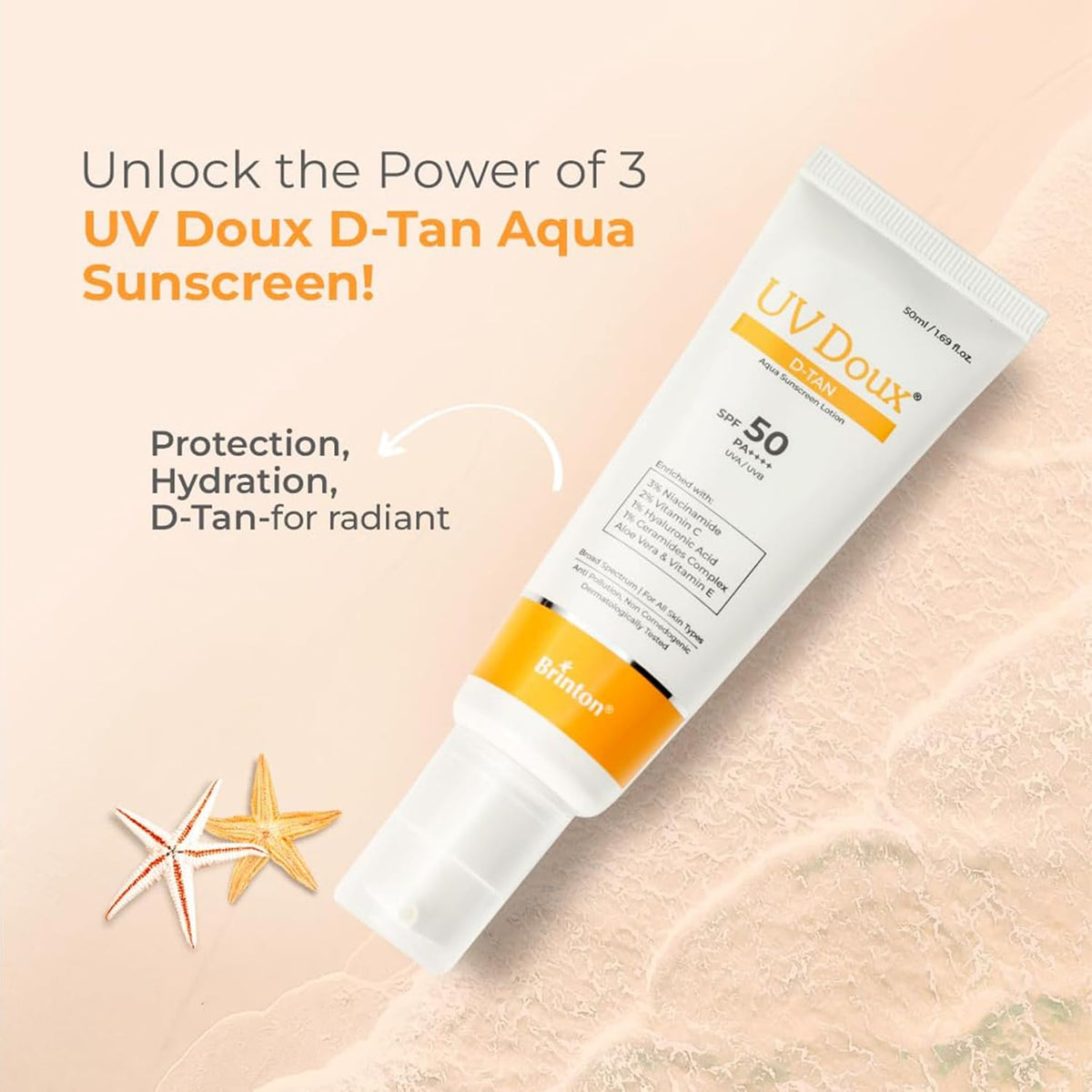 Brinton UV Doux D-Tan Aqua Sunscreen Lotion | SPF 50 PA++++ | 8-Hour Hydration, D-Tan Formula with Niacinamide & Vitamin C, 50 ml (Pack of 1)