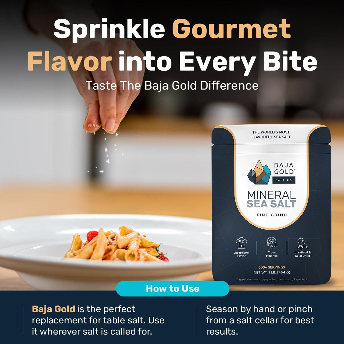 Baja Gold Mineral Sea Salt - Recommended by Gary Brecka - Authentic Fine Grind Salt for Cooking & Baking | Natural Baja Salt for Culinary Uses | Great for Finishing Dishes | 1 lb. Resealable Bag, 300+ Servings