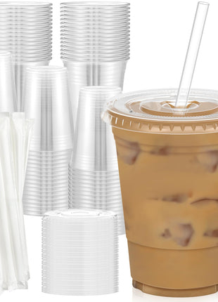 Dealusy 100 Pack - 16 oz Clear Plastic Cups with Lids and Straws, Sturdy & Food Safe Iced Coffee Cups with lids, Disposable Plastic Smoothie Cups for Cold Drinks
