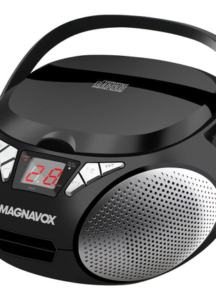 Magnavox MD6924 Portable Top Loading CD Boombox with AM/FM Stereo Radio in Black | CD-R/CD-RW Compatible | LED Display | AUX Port Supported | Programmable CD Player |