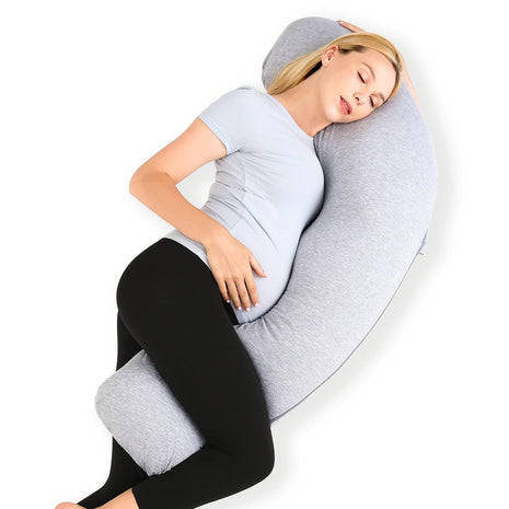 Momcozy J Shaped Pregnancy Pillow, Maternity Body Pillow for Side Sleepers | Cooling Body Pillow with Removable Cover for Head Neck Belly Support, Side Sleeper, Must-haves for Pregnant Women Grey