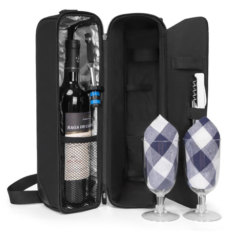 ALLCAMP Wine Bag   Insulated Cooler Bag with Wine Glasses, Bottle Opener & Wine Accessories for Wine Lovers   Portable Wine Gift Bag for Travel, Picnics, and Gift Ideas(Black)