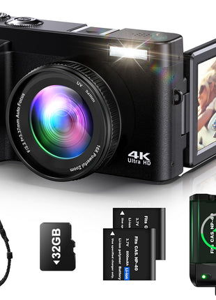 4K Digital Camera for Photography Auto-Focus Vlogging Camera for YouTube Video with 3'' 180° Flip Screen 16X Anti-Shake 4K Camera Compact Cameras with SD Card, Flash, 2 Batteries