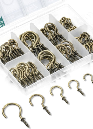 EIENHOSHI 105 Pcs Screw Hooks, 6 Sizes Bronze Cup Hooks, Screw Hooks for Hanging, Metal Cup Hooks Screw in (1/2", 5/8", 3/4", 7/8", 1'', 1-1/4")