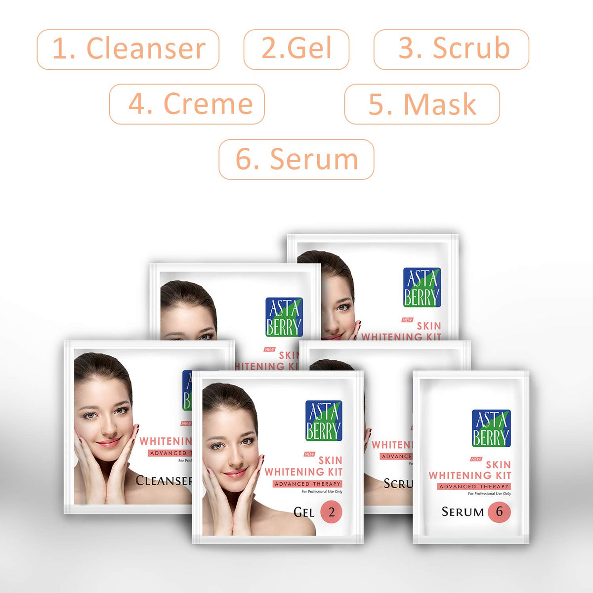 Astaberry Skin Whitening Professional Facial Kit 12 Pouch Set (6 Steps) Advanced - Goodness Of Almond Oil | Mulberry & Bearberry Extract | Vitamin E | Improving skin tone