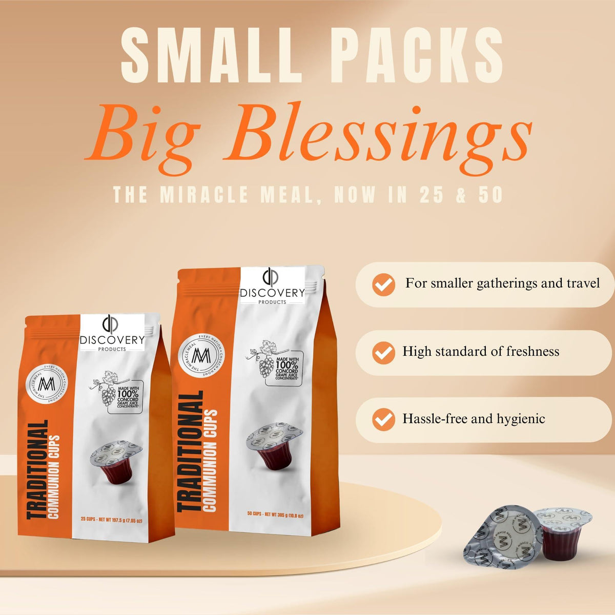 Travel Pack - Pre-Filled Traditional Communion Cup - Bag of 25 with Wafer and 100% Concord Grape Juice