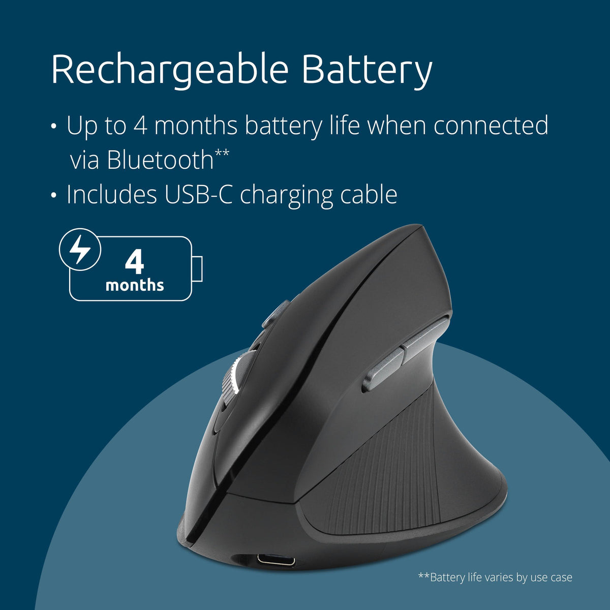Kensington MY630 EQ Wireless Rechargeable Mouse, Ergonomic Vertical Design, Bluetooth LE, 2.4GHz, Black (K72484NA)