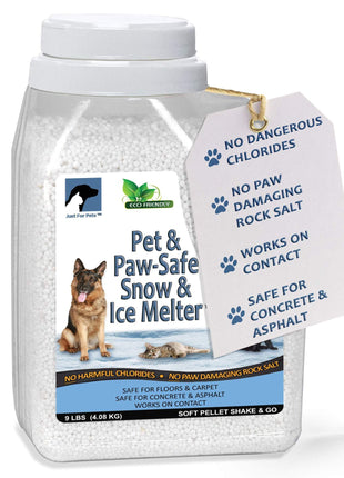 JUST FOR PETS Snow & Ice Melter Safe for Pets & Paws Contains No Toxic Chlorides or Painful to The Paw Rock Salt, Safe for Dogs & Cats. Fast Acting and Works On Contact 9 lb. Shaker Jug