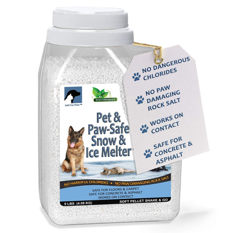 JUST FOR PETS Snow & Ice Melter Safe for Pets & Paws Contains No Toxic Chlorides or Painful to The Paw Rock Salt, Safe for Dogs & Cats. Fast Acting and Works On Contact 9 lb. Shaker Jug