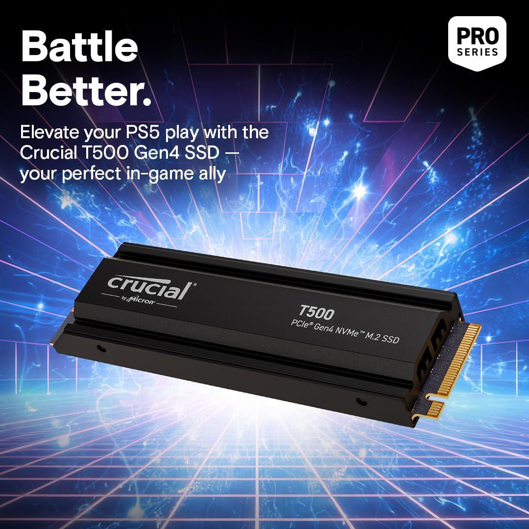 Crucial T500 1TB Gen4 NVMe M.2 Internal Gaming SSD with Heatsink, Up to 7300MB/s, PlayStation 5 Compatible + 1mo Adobe CC All Apps- CT1000T500SSD5