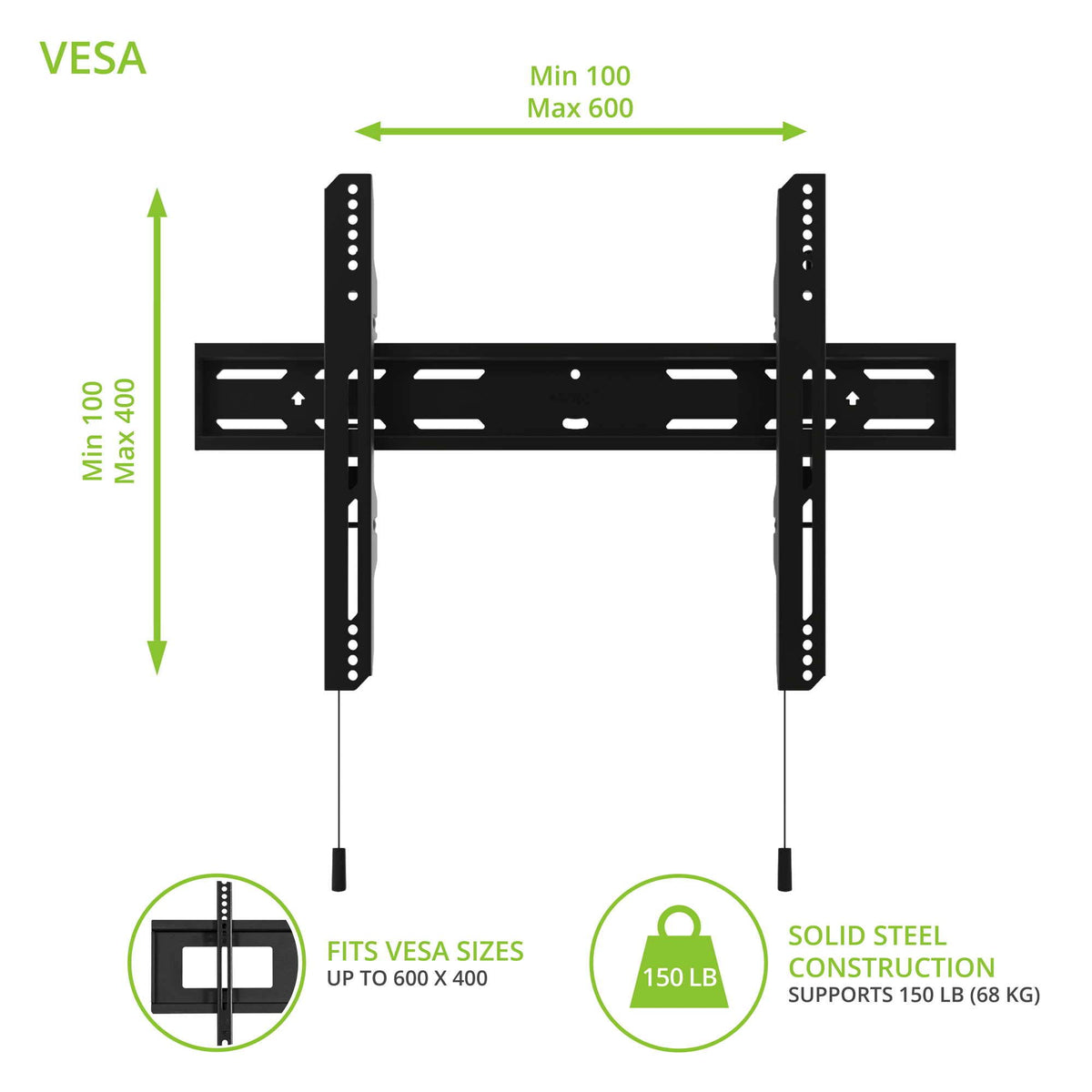 Kanto PF300 Fixed TV Mount for 32" to 90" TVs | Up to 150 lb | VESA 100 x 100 to 600 x 400 | Extra Wide Wall Plate | Post-Installation Leveling | Lockable Arms | Quick Release | Low Profile | Black