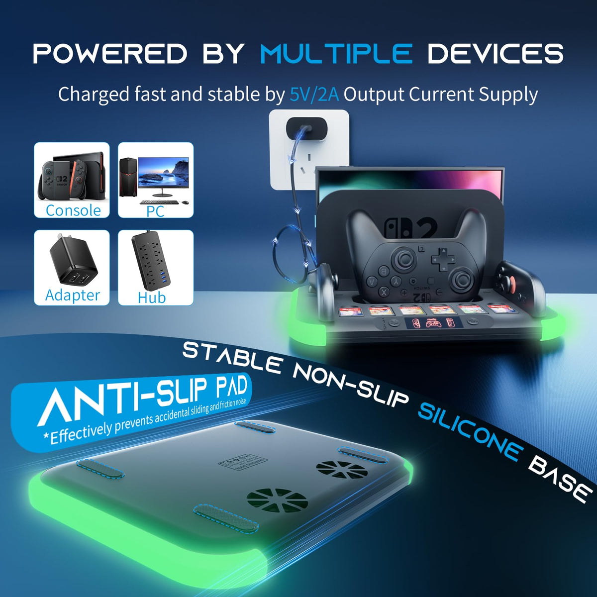 Switch 2 Charging Dock Station,HEYSTOP Switch 2 Controller Charger for Switch 2 Pro Controller and Joy Cons,with RGB,Heat Dissipation,Game Card Slot*6,Fast-Magnetic Charging Station Storage Organizer