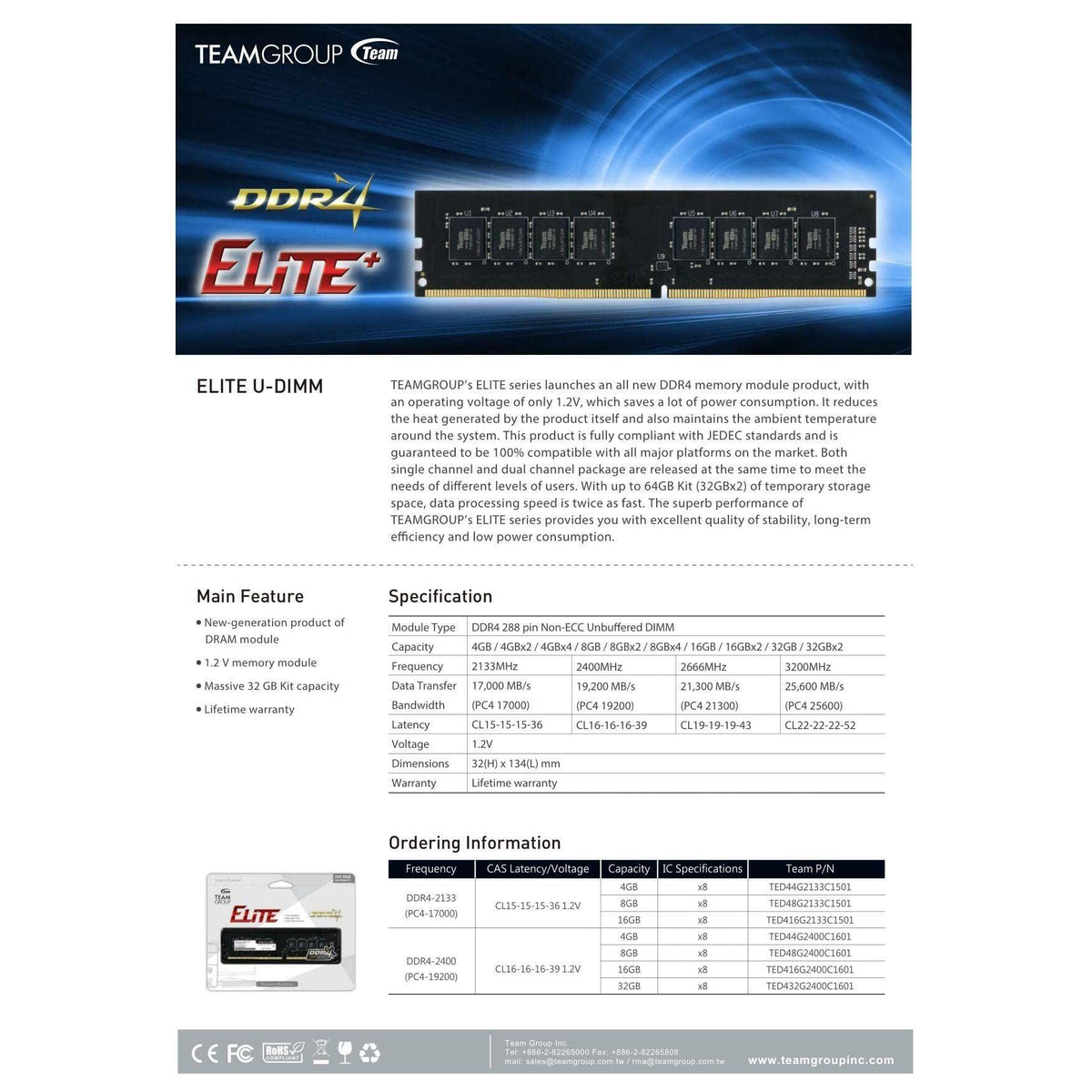 TEAMGROUP Elite DDR4 32GB Single (1 x 32GB) 3200MHz (PC4-25600) CL22 Unbuffered Non-ECC 1.2V UDIMM 288 Pin PC Computer Desktop Memory Module Ram Upgrade - TED432G3200C2201