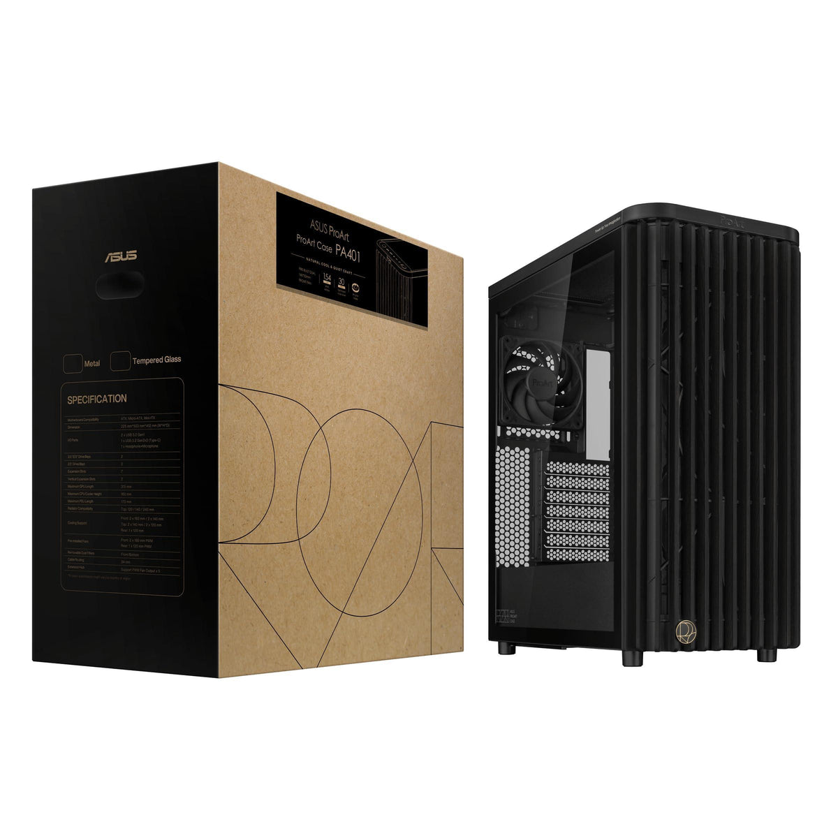 ASUS ProArt PA401 Wood Edition ATX Mid-Tower Case – Tempered Glass, FSC-Certified Wooden Front Panel, Dual 160mm Fans, Power & Reset Button Lock, USB-C 20Gbps, Detachable PSU Bracket