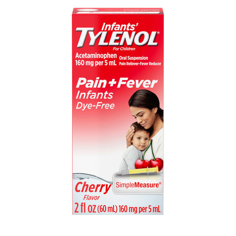 Infants' Tylenol Liquid Pain Relief and Fever Medicine, Oral Suspension, Dye Free Acetaminophen for Sore Throat, Headache & Teething, Fever Reducer for Kids; Cherry Flavor, 2 fl. oz.; Pack of 1