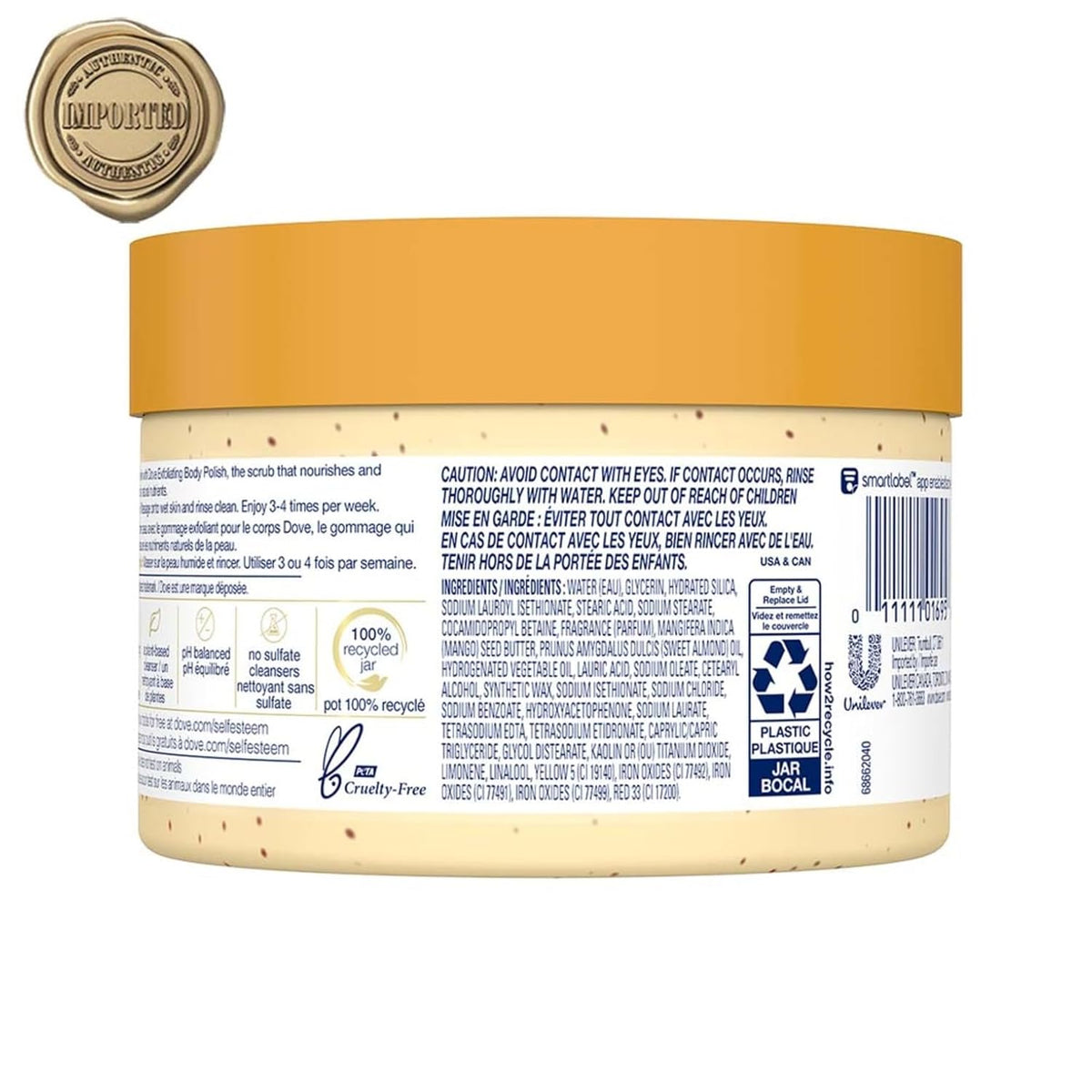 Dove Exfoliating Body Polish Scrub for Dry Skin with Crushed Almond and Mango Butter, Gently Exfoliates and Moisturizes to Reveal Instantly Soft, Smooth & Healthy Skin, Naturally Derived Ingredients, Sulfate-Free, Fruity Scent, 298g