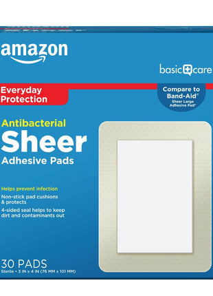 Amazon Basic Care Sheer Adhesive Pad Bandages for Minor Cuts, Scrapes and Wounds, Extra Large 3 x 4 in, Non-Stick Pad, 30 Count